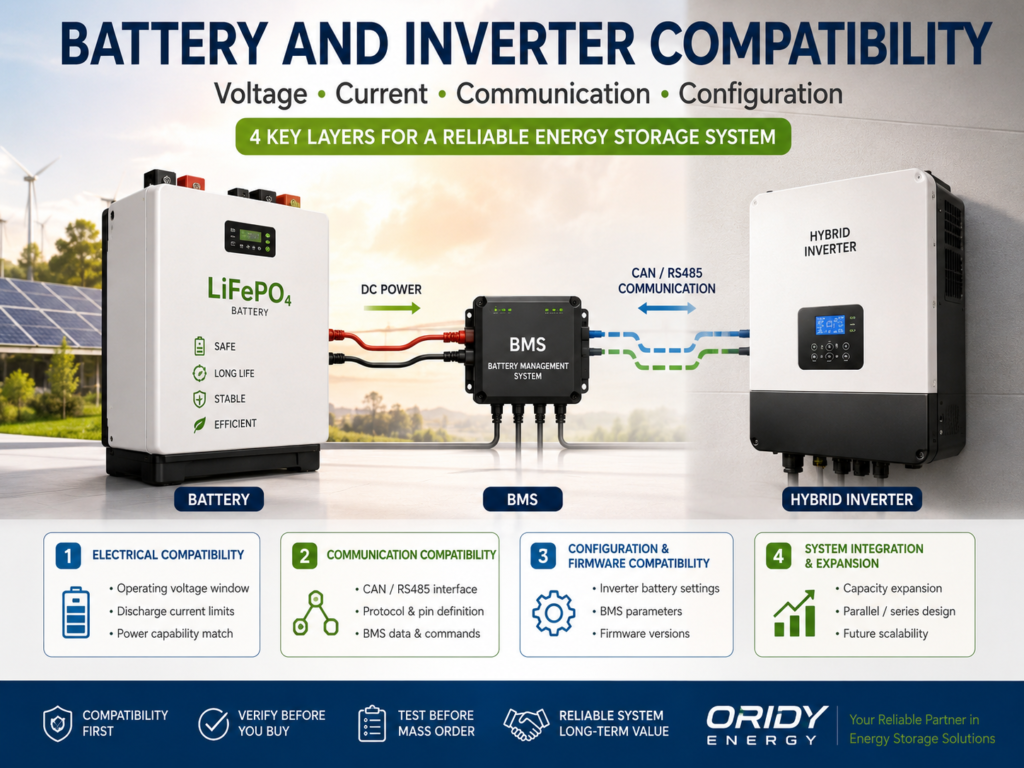 Battery inverter voltage compatibility showing battery operating voltage and inverter input range
