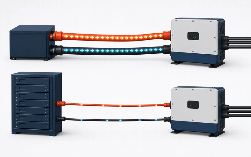 Low-voltage and high-voltage battery systems showing different DC current and cable requirements  
