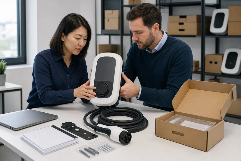 Distributor reviewing EV charger hardware, cable, packaging and technical documents before ordering