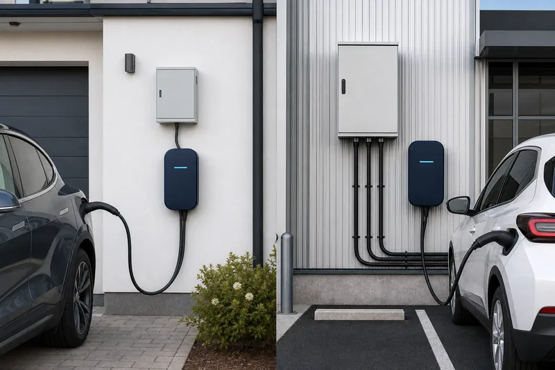 Single-phase and three-phase electrical supplies feeding wall-mounted EV chargers