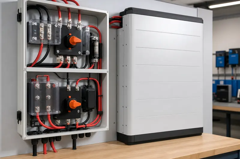 Enclosed battery DC cables, busbars, fuses and disconnect components in a training cabinet