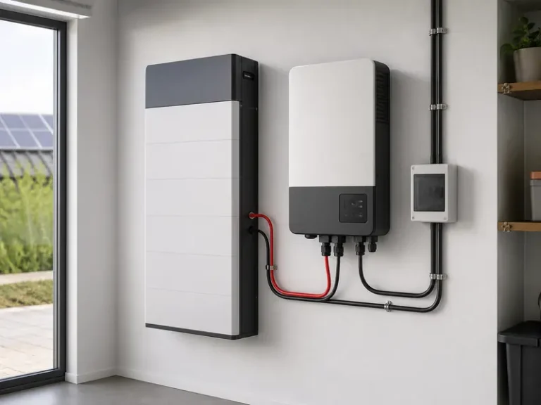 Low-voltage battery connected to a hybrid inverter with correctly routed DC cables