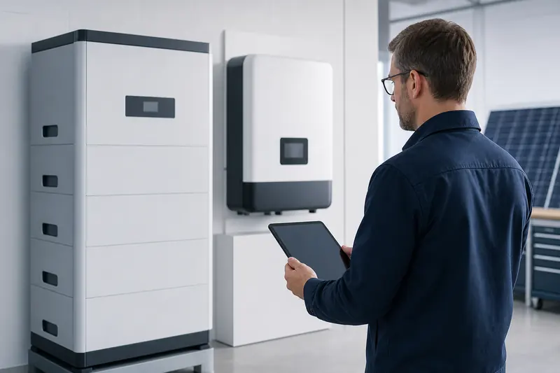 Engineer reviewing a battery and hybrid inverter system in a technical showroom