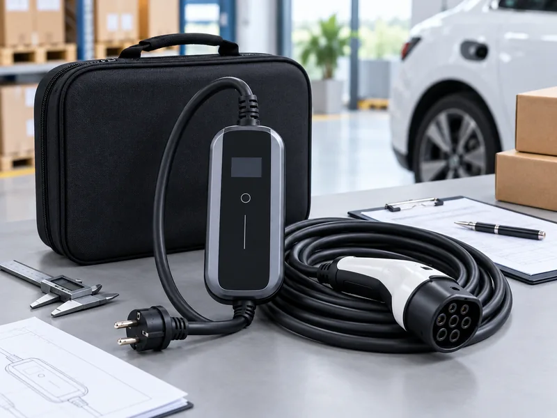 Portable EV charger control box, charging connector and cable hardware being inspected before procurement