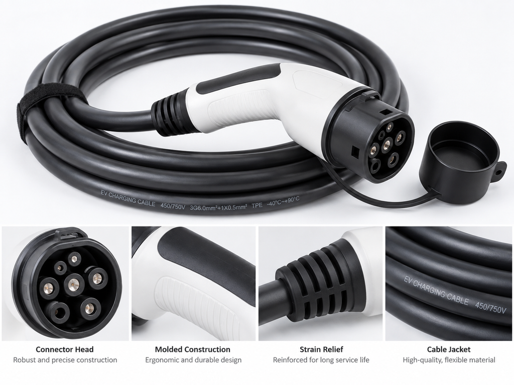 Portable EV charger cable connector and strain relief inspection before wholesale purchase