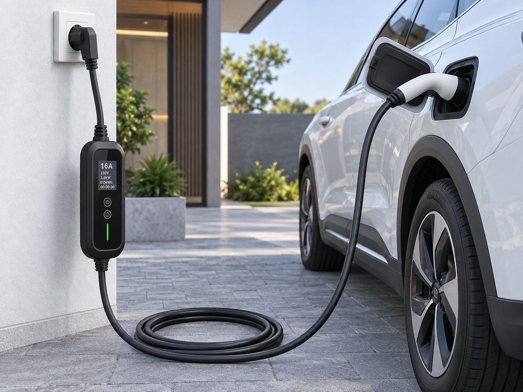 Portable EV charger components including input plug control box cable and vehicle connector