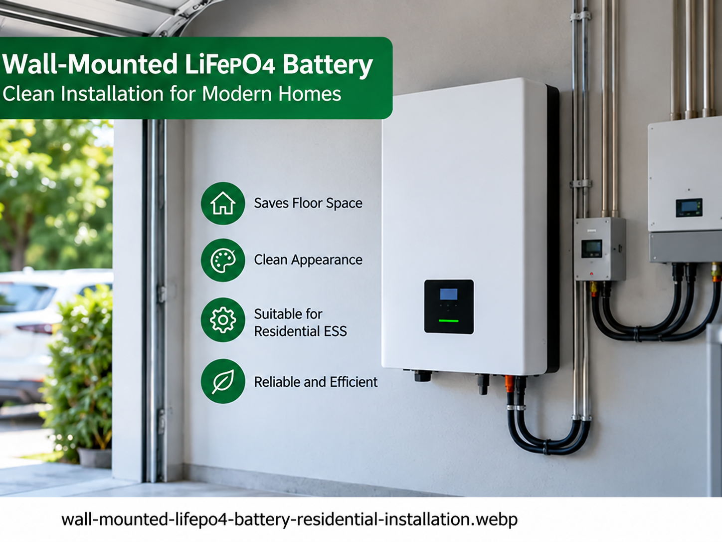 Wall mounted LiFePO4 battery installation for residential energy storage