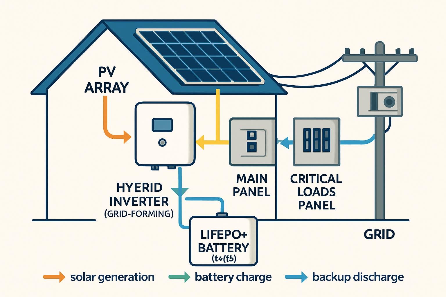 Hybrid inverter EPS backup wiring diagram showing battery storage, main panel and critical loads panel