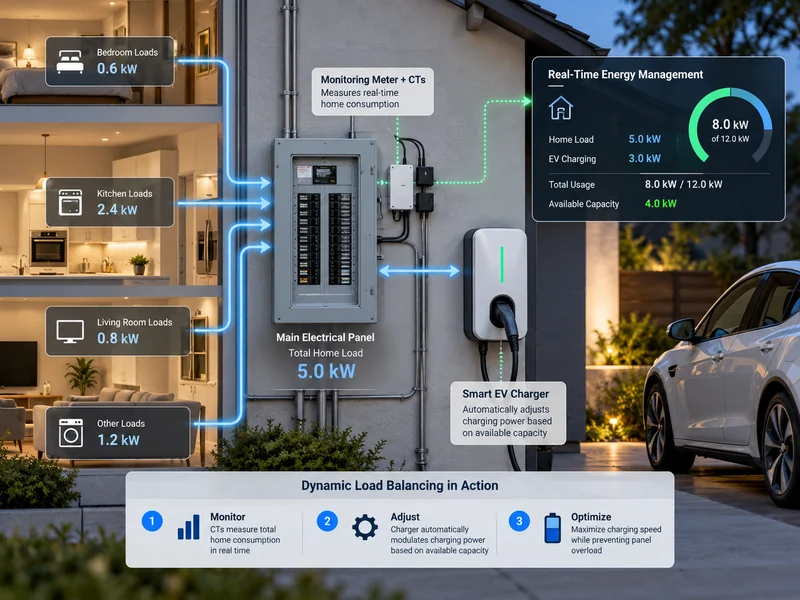 Dynamic load balancing EV charger with home electrical panel and real-time energy management