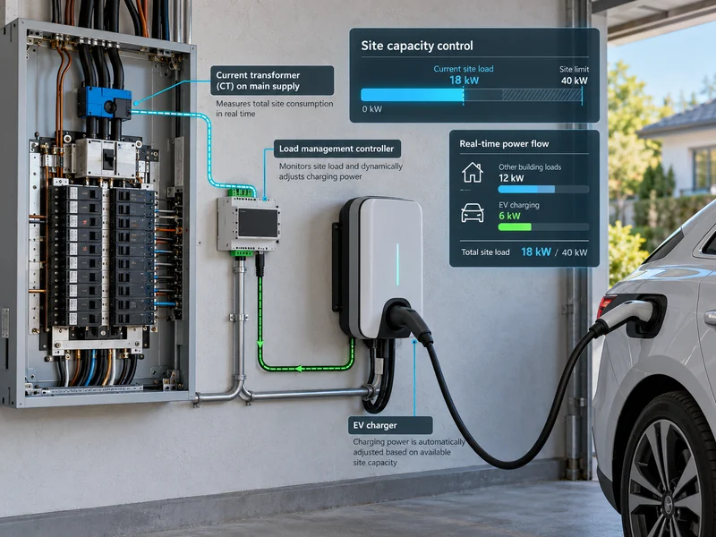 EV charger linked to the main electrical panel for capacity control
