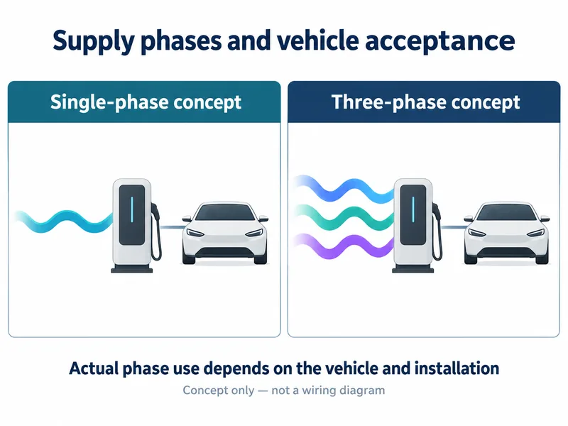 Side-by-side concepts show one supply phase and three supply phases alongside a charger and vehicle.