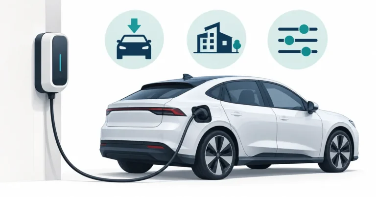 An electric vehicle connected to a wall charger, with icons for vehicle acceptance, site supply and controls.