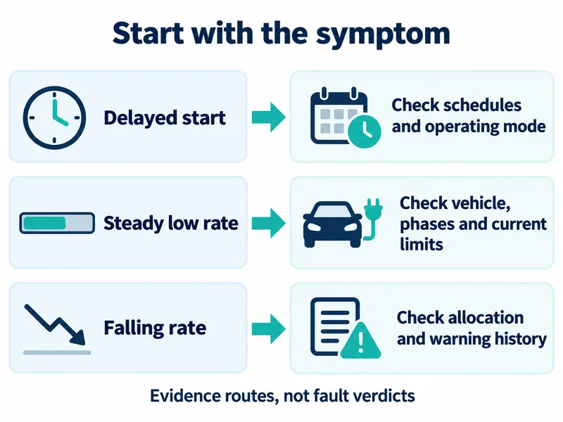 Three diagnostic routes link delayed starts, steady low charging rates and falling rates to their next evidence checks.